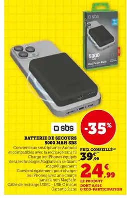 Super U SBS Batterie de secours 5000 mAh offre