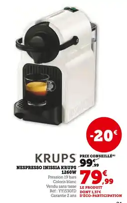 Super U KRUPS NESPRESSO INISSIA KRUPS 1260W offre