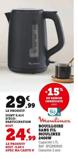 Super U Moulinex Bouilloire sans fil 2400W offre