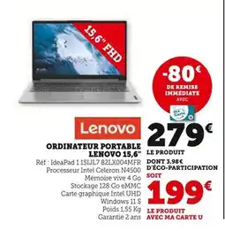 Super U Lenovo ORDINATEUR PORTABLE LENOVO 15,6 offre