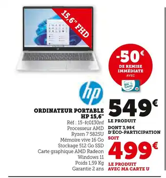 Super U HP Ordinateur portable HP 15,6 offre