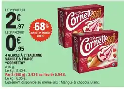 E.Leclerc Express CORNETTO 4 Glaces à l'italienne vanille & fraise offre