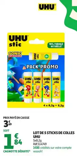 Auchan Supermarché Lot de 5 sticks de colles uhu offre