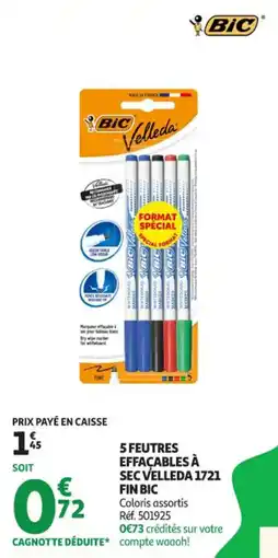Auchan Supermarché 5 feutres effacables à sec velleda 1721 fin bic offre