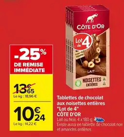 Carrefour CÔTE D'OR Tablettes de chocolat aux noisettes entières Lot de 4 offre