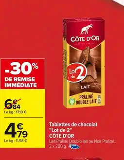 Carrefour CÔTE D'O Tablettes de chocolat Lot de 2 offre