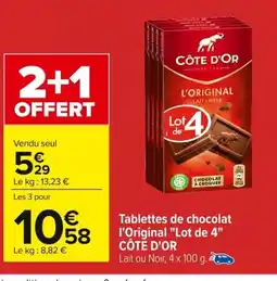 Carrefour CÔTE D'OR Tablettes de chocolat l'Original Lot de 4 offre