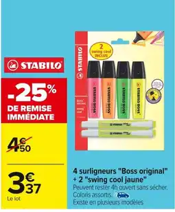 Carrefour STABILO 4 surligneurs Boss original +2 swing cool jaune offre