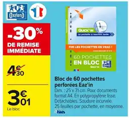 Carrefour Bloc de 60 pochettes perforées Eaz'in offre