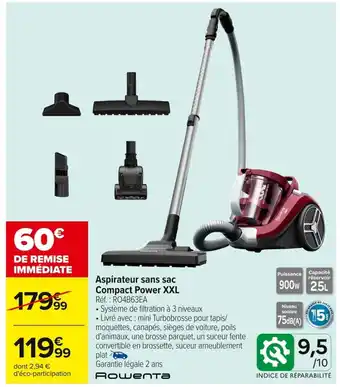 Carrefour ROWENTA Aspirateur sans sac Compact Power XXL offre