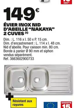 Brico Dépôt Évier inox nid d'abeille nakaya 2 cuves offre