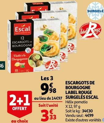 Auchan Escal escargots de bourgogne label rouge surgelés offre