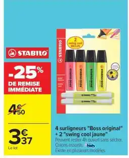 Carrefour 4 surligneurs 'Boss original' + 2 'swing cool jaune' offre