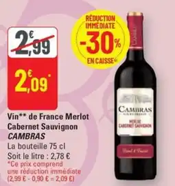 G20 CAMBRAS Vin de France Merlot Cabernet Sauvignon offre