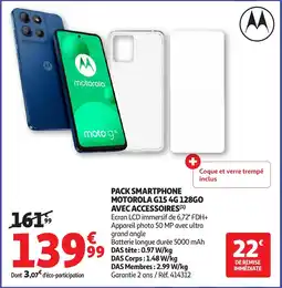 Auchan MOTOROLA Pack smartphone g15 4g 128go avec accessoires offre