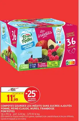 Intermarché POM'POTES Compotes gourdes les inédits sans sucres ajoutés pomme, reine-claude, mures, framboise offre