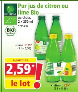 Norma BIO SONNE Pur jus de citron ou lime Bio offre