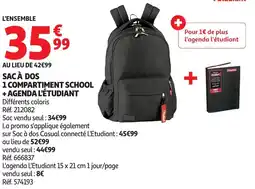 Auchan Sac à dos 1 compartiment school + agenda l'étudiant offre