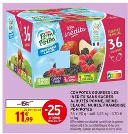 Intermarché POM'POTES COMPOTES GOURDES LES INÉDITS SANS SUCRES AJOUTÉS POMME, REINE-CLAUDE, MURES, FRAMBOISE offre