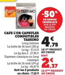 Hyper U Cafe l'or capsules compatibles tassimo offre