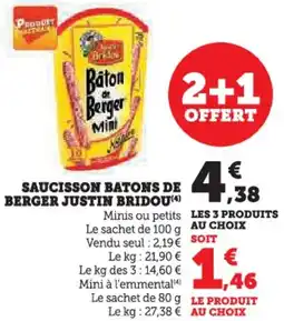 Hyper U Saucisson batons de berger justin bridou offre