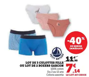 Hyper U Lot de 3 culottes fille ou lot de 2 boxers garcon offre