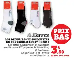 Hyper U Lot de 3 paires de socquettes ou d'invisibles sport homme offre
