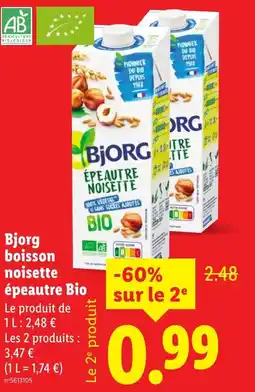 Lidl Bjorg boisson noisette épeautre bio offre