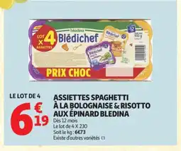 Auchan Supermarché BLEDINA Assiettes spaghetti a la bolognaise & risotto aux épinard offre