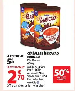 Auchan BABICAO Céréales bébé cacao offre