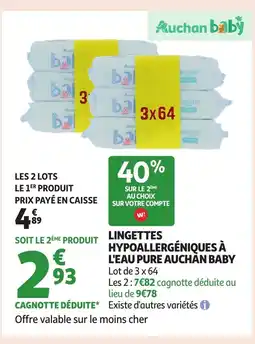 Auchan AUCHA BABY Lingettes hypoallergéniques à l'eau pure offre