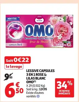 Auchan OMO Lessive capsules 3 en 1 rose & lilas blanc offre