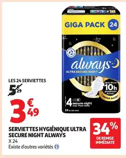 Auchan ALWAYS Serviettes hygiénique ultra secure night offre