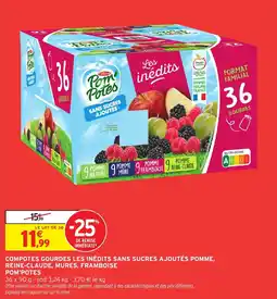 Intermarché Hyper Compotes gourdes les inédits sans sucres ajoutés pomme, reine-claude, mures, framboise pom'potes offre