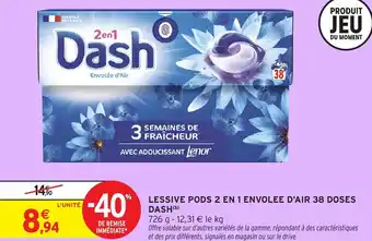 Intermarché Hyper Lessive pods 2 en 1 envolee d'air 38 doses dash offre