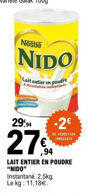 E.Leclerc Lait entier en poudre NIDO offre