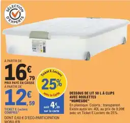 E.Leclerc Dessous de lit 50 L à clips avec roulettes Homeside offre