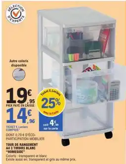 E.Leclerc TOUR DE RANGEMENT A4 3 TIROIRS BLANC 'HOMESIDE' offre