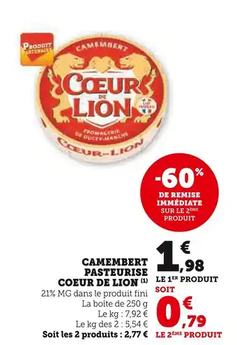 Super U COEUR DE LION Camembert pasteurisé offre