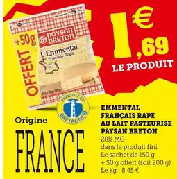 Super U Paysan Breton Emmental français râpé au lait pasteurisé offre