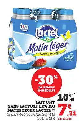 Bi1 Lait uht sans lactose 1,2% mg matin leger lactel offre