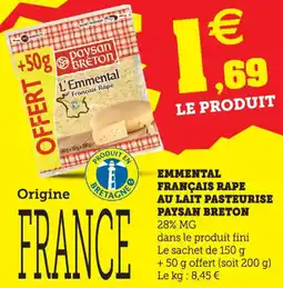Super U Emmental français rape au lait pasteurise paysan breton offre