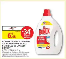 Intermarché LESSIVE LIQUIDE L'ORIGINAL AU BICARBONATE PEAUX SENSIBLES 50 LAVAGES BONUX offre