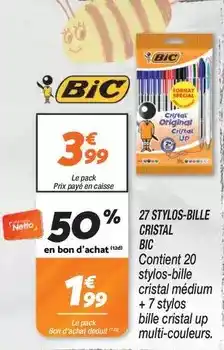Netto Bic - 27 stylos-bille cristal offre