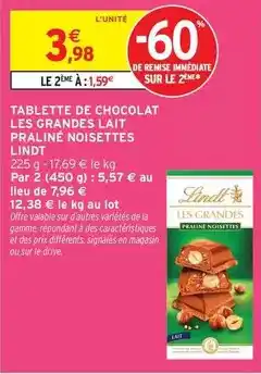 Intermarché Express Lindt - tablette de chocolat les grandes lait praliné noisettes offre