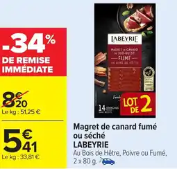 Carrefour Magret de canard fumé ou séché labeyrie offre