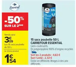 Carrefour Market 15 sacs poubelle 50 L CARREFOUR ESSENTIAL offre