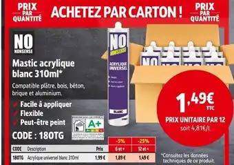 Screwfix NO NONSENSE Mastic acrylique blanc 310ml offre