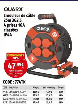 Screwfix QUARX Enrouleur de câble 25m 3G2.5, 4 prises 16A classées IP44 offre