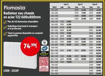 Screwfix FLOMASTA Radiateur eau chaude en acier T22 600x800mm offre